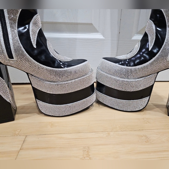 Dolls Kill Current Mood How Sweet It Is Platform Rhinestone Swirl Black Boots 8 - Picture 11 of 16